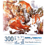 Puzzle cover showing a snowy mountain with a group of tigers walking around.