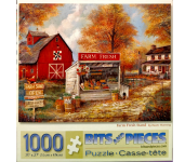Puzzle cover showing a red barn with a small market stand with different crops for sale.