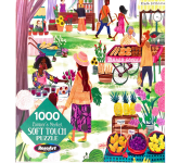 Puzzle cover showing an artistic drawing of people walking around different stalls buying fruits and flowers.