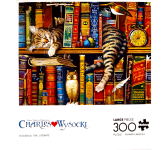 Puzzle cover showing a cat napping on a bookshelf.