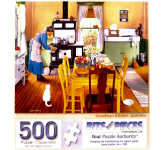Puzzle cover showing an elderly woman near a stove in her kitchen with different baked goods cooling on the table.