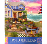 Puzzle cover showing a house near a beach at sunset with a dog sitting on the porch.