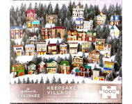 Puzzle cover showing a table with mini figurine houses.