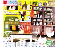 Puzzle cover showing a drawing of a kitchen where chickens have found their way indoors.