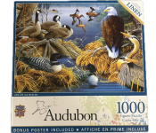 Puzzle cover showing a variety of ducks and 1 bald eagle sitting on the lake.