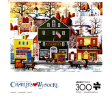 Puzzle cover showing an illustrated drawing of a city street with stores next to each other that sell meat, flowers, and hats.