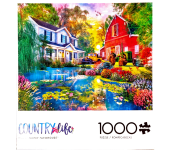 Puzzle cover showing a house and a red barn sitting on a lake with lots of flowers.