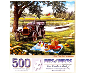 Puzzle cover showing a picnic near a small pond with a buggy sitting nearby.
