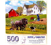 Puzzle cover showing a man with horses dragging a plow, and a woman tilling a garden.