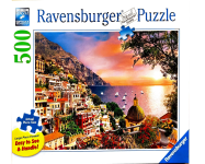 Puzzle cover showing an image of the various buildings sitting near the water in Positano, Italy.