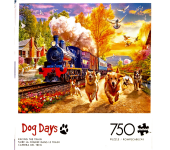 Puzzle cover showing a train moving down the tracks while a group of dogs and some birds try to outrun the train.