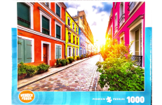 Puzzle cover showing a brick paved street in Paris France.