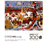 Puzzle cover showing a drawing of a small snow covered town with different people and horses and carriages on the street.