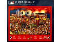 Puzzle cover showing an illustration of different people and animals attending a Cardinals Baseball game.