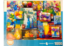 Puzzle cover showing a collage of different paintings of objects found around the house.