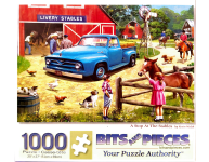 Puzzle cover showing a red barn with a blue truck sitting outside. A young girl and little boy are petting a horse that is in a stable.