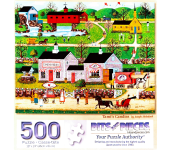 Puzzle cover showing an illustration of a small town and several children standing outside a candy shop.