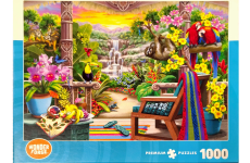 Puzzle cover showing a chair looking out at nature near a waterfall with a variety of tropical birds perched nearby.