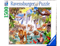 Puzzle cover showing a waterfall with a variety of animals enjoying the water like a lion, elephants, and a hippo.