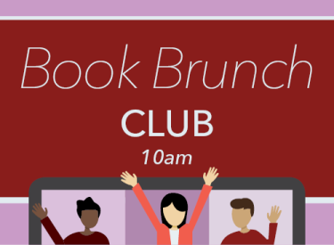 Illustrated image showing 3 people who are excited. There is text that says Book Brunch Club