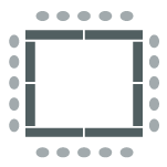 Tables around the parameter of the room with seating outside the square. 