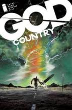 Cover of the book God Country Volume 1 by Donny Cates. Stormy sky with large figure carrying a large sword on a deserted road. 