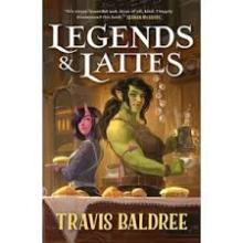 Cover of the book Legends & Lattes by Travis Baldree. Green orc and red succubus inside a medieval looking restaurant.. 