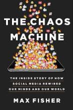 Cover of the book The Chaos Machine by Max Fisher. Black background with falling emoji reactions. 