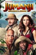Cover of the movie "Jumanji: Welcome to the Jungle". Cover shows 4 wearing outdoor safari attire looking surprised. 